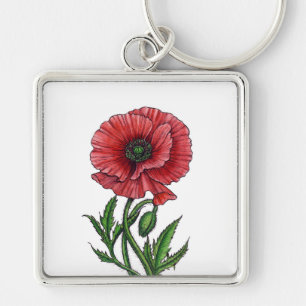 Rode papaver, waterverf en inkt sleutelhanger