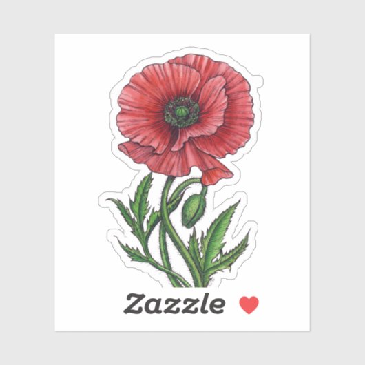 Rode papaver, waterverf en inkt sticker (Vel)