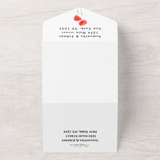 Rode papaver Waterverf Floral bruiloft All In One Uitnodiging (Buitenkant)