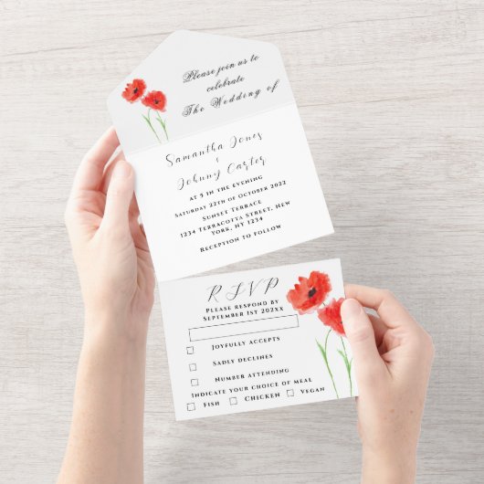 Rode papaver Waterverf Floral bruiloft All In One Uitnodiging (Afscheurbaar)