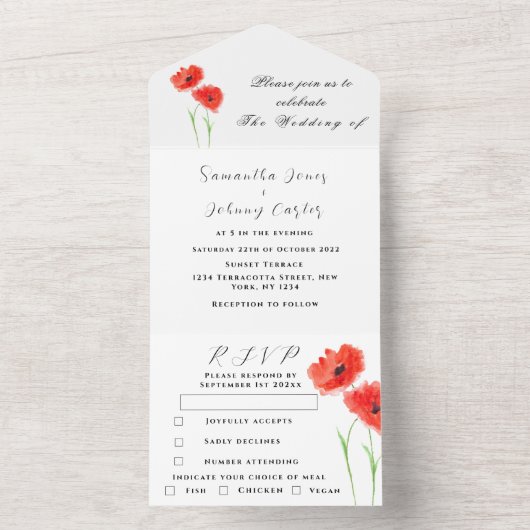 Rode papaver Waterverf Floral bruiloft All In One Uitnodiging (Binnen)