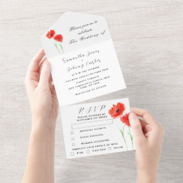 Rode papaver Waterverf Floral bruiloft All In One Uitnodiging