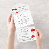 Rode papaver Waterverf Floral bruiloft All In One Uitnodiging (Afscheurbaar)