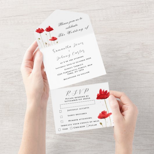 Rode papaver Waterverf Floral bruiloft All In One Uitnodiging (Afscheurbaar)
