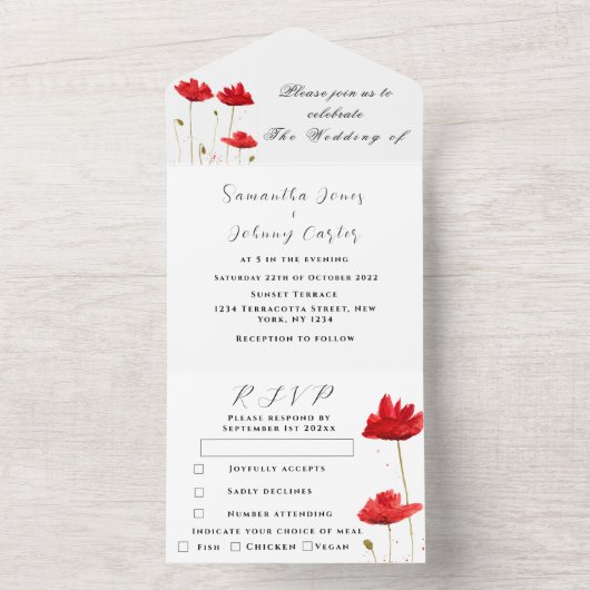 Rode papaver Waterverf Floral bruiloft All In One Uitnodiging (Binnen)