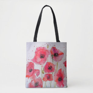 Rode papaver Waterverf Grocery Canvas tas