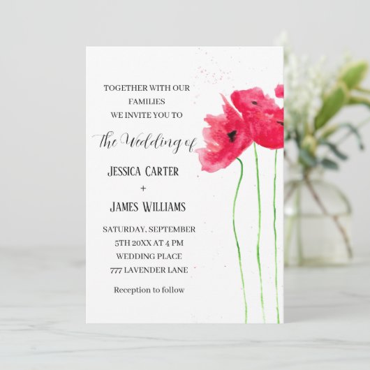 Rode papaver Waterverf Rustic Elegant Wedding Kaart (Staand voorkant)
