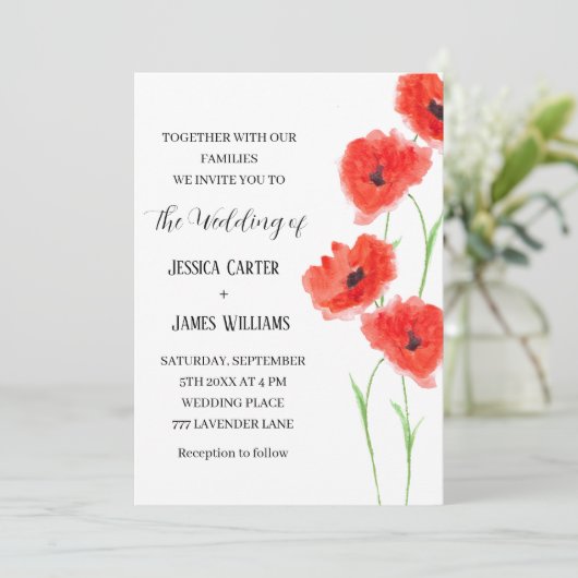 Rode papaver Waterverf Rustic Elegant Wedding Kaart (Staand voorkant)