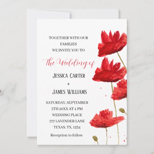 Rode papaver Waterverf Rustic Elegant Wedding Kaart (Voorkant)