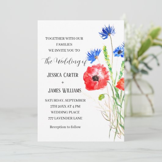 Rode papaver Waterverf Rustic Elegant Wedding Kaart (Staand voorkant)