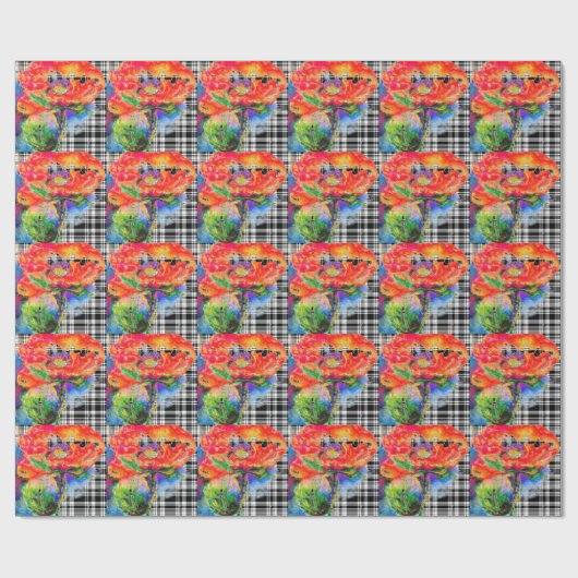 Rode papaver - zwart en wit cadeaupapier (Vlak)