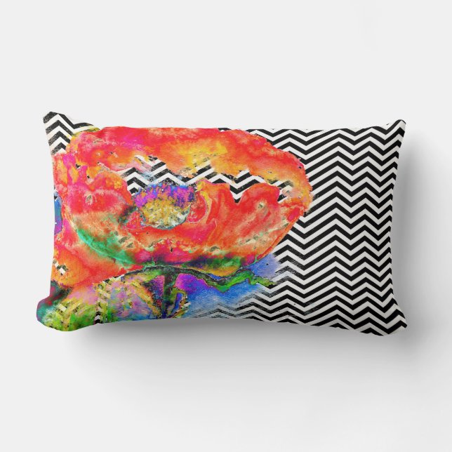 Rode papaver - zwarte en witte chevron kussen (Voorkant)