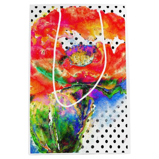 Rode papaver - zwarte en witte polka-stippen medium cadeauzakje (Voorkant)