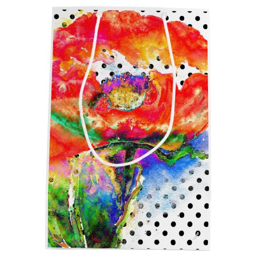 Rode papaver - zwarte en witte polka-stippen medium cadeauzakje (Achterkant)