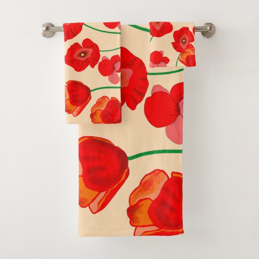 Rode papaverbloem op beige achtergrond bad handdoek (Insitu)