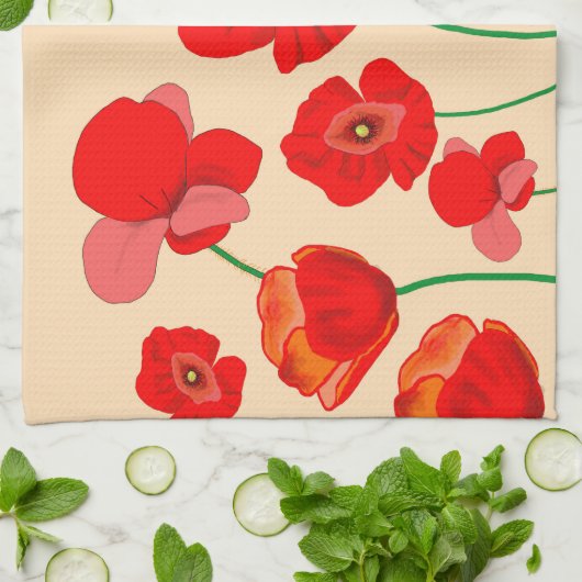 Rode papaverbloem op beige achtergrond theedoek (Gevouwen)