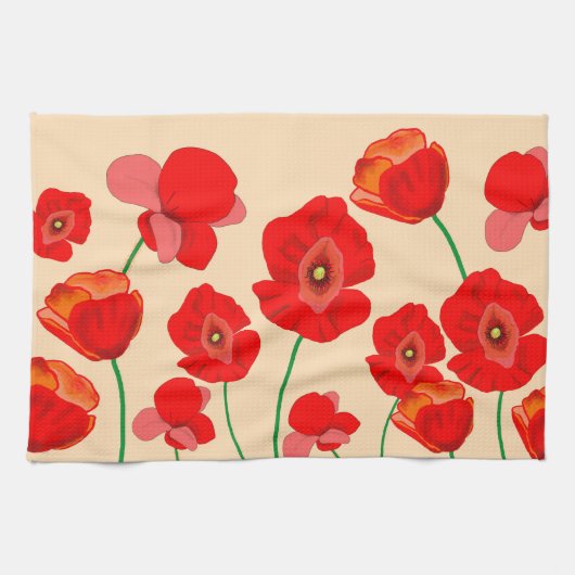 Rode papaverbloem op beige achtergrond theedoek (Horizontaal)