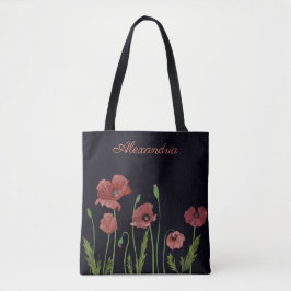 Rode papaverbloem op zwart monogram tote bag