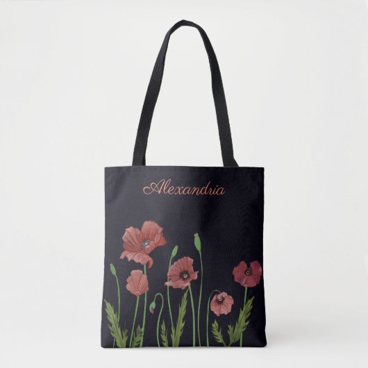 Rode papaverbloem op zwart monogram tote bag (Voorkant)