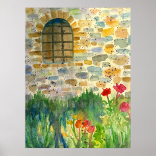 Rode papaverbloemen Waterverf gekleurd venster Poster