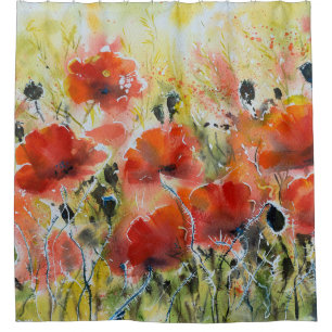 Rode papaverbloemen, zachte waterverf. douchegordijn