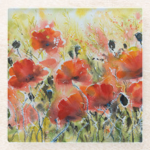 Rode papaverbloemen, zachte waterverf. glazen onderzetter