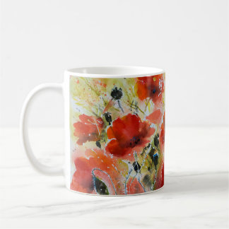 Rode papaverbloemen, zachte waterverf. koffiemok