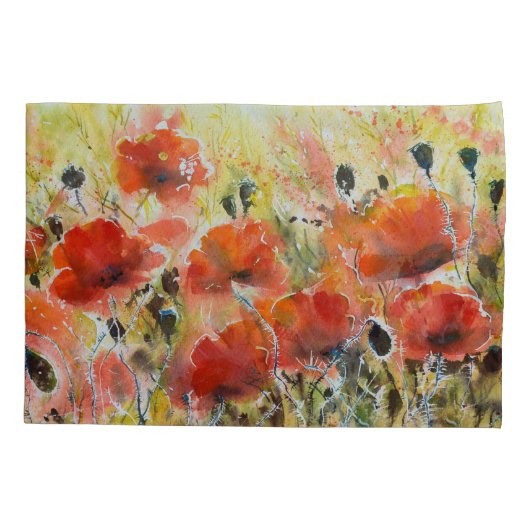 Rode papaverbloemen, zachte waterverf. kussensloop (Achterkant)