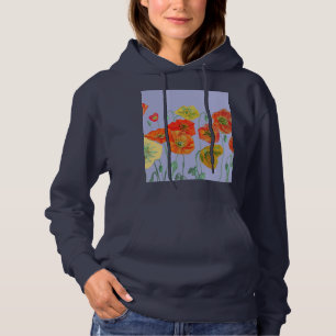 Rode papaverflorale Waterverf Paarse fluitpatroon Hoodie