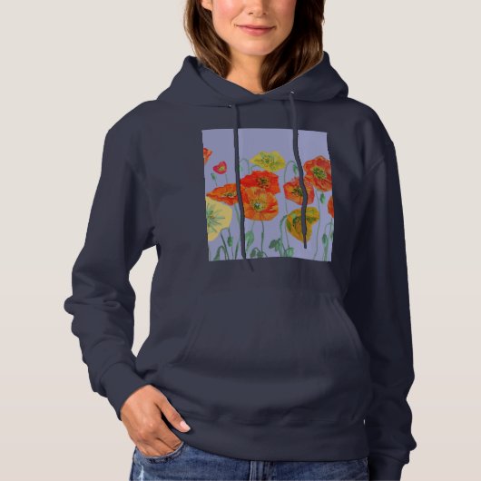 Rode papaverflorale Waterverf Paarse fluitpatroon Hoodie (Voorkant)