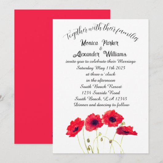 Rode papavermakerij met elegante bruinbruidjes kaart (Voorkant / Achterkant)