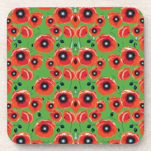 Rode papavers appelgroen bier onderzetter (Voorkant)