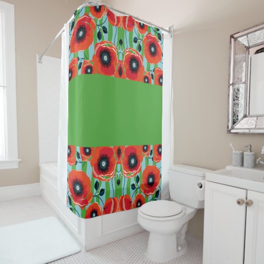 Rode papavers appelgroen douchegordijn (In situ)