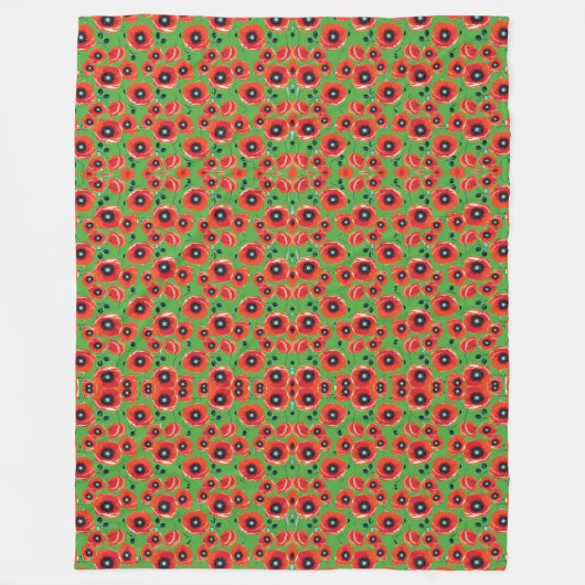 Rode papavers appelgroen fleece deken (Voorkant)