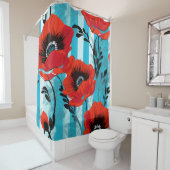 Rode papavers en blauwe strepen douchegordijn (In situ)