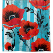 Rode papavers en blauwe strepen douchegordijn (Voorkant)