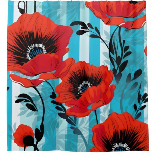 Rode papavers en blauwe strepen douchegordijn (Voorkant)