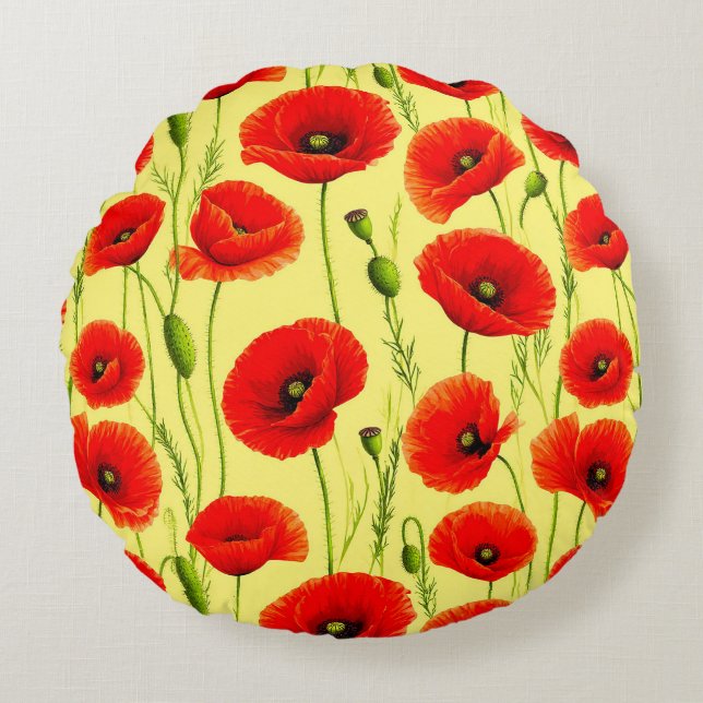 Rode papavers en groene stengels rond kussen (Voorkant)