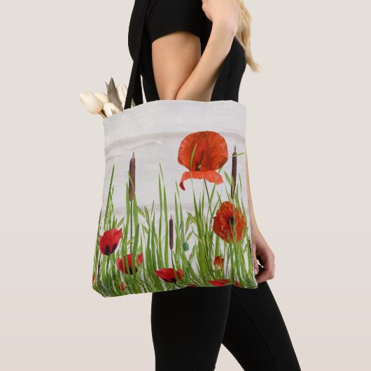 rode papavers en kattails tote bag (Dichtbij)