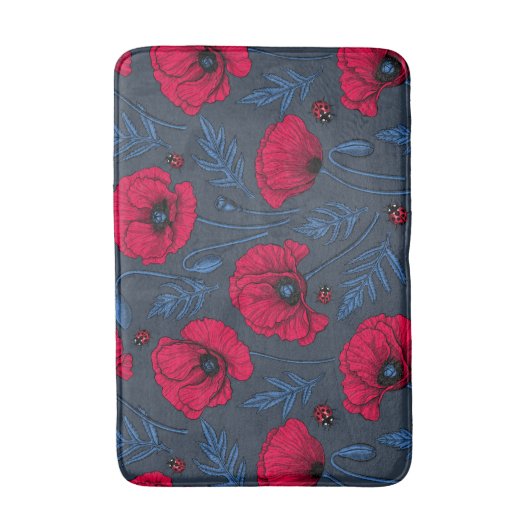Rode papavers en ladybugs op donkerblauw badmat (Voorkant Verticaal)