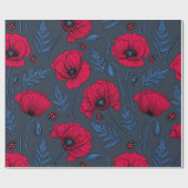 Rode papavers en ladybugs op donkerblauw cadeaupapier (Vlak)