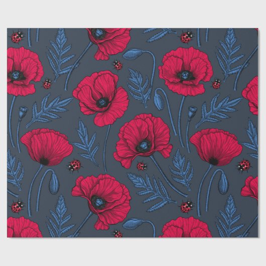 Rode papavers en ladybugs op donkerblauw cadeaupapier (Vlak)