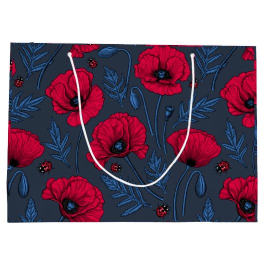 Rode papavers en ladybugs op donkerblauw groot cadeauzakje (Achterkant)