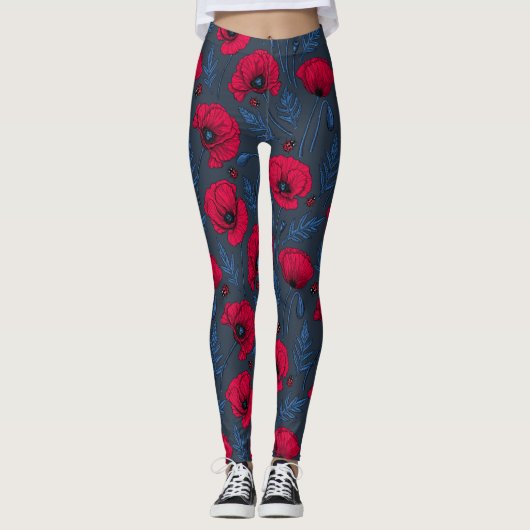 Rode papavers en ladybugs op donkerblauw leggings (Voorkant)