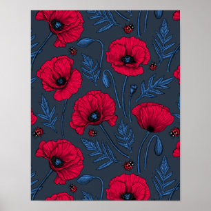 Rode papavers en ladybugs op donkerblauw poster