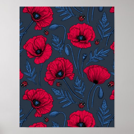 Rode papavers en ladybugs op donkerblauw poster (Voorkant)