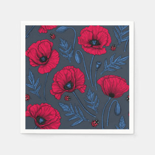 Rode papavers en ladybugs op donkerblauw servet