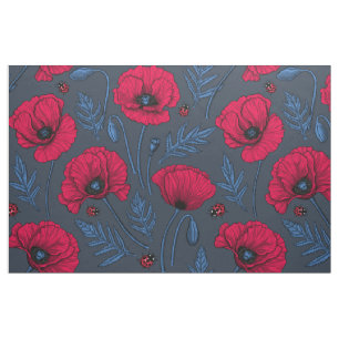 Rode papavers en ladybugs op donkerblauw stof