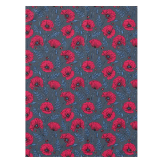 Rode papavers en ladybugs op donkerblauw tafelkleed (Voorkant)