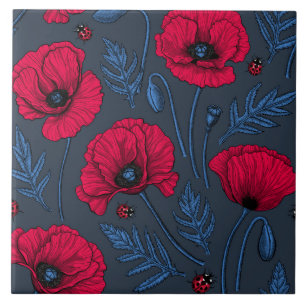 Rode papavers en ladybugs op donkerblauw tegeltje